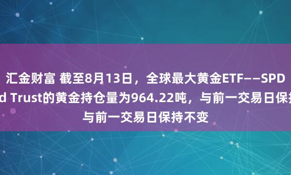汇金财富 截至8月13日，全球最大黄金ETF——SPDR Gold Trust的黄金持仓量为964.22吨，与前一交易日保持不变